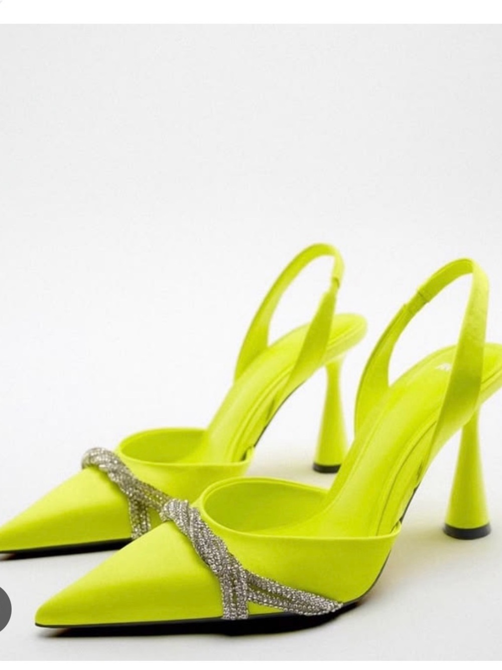 Zara NWT Women's Neon Yellow Slingback Pointed-Toe Heels with Rhinestone Strap